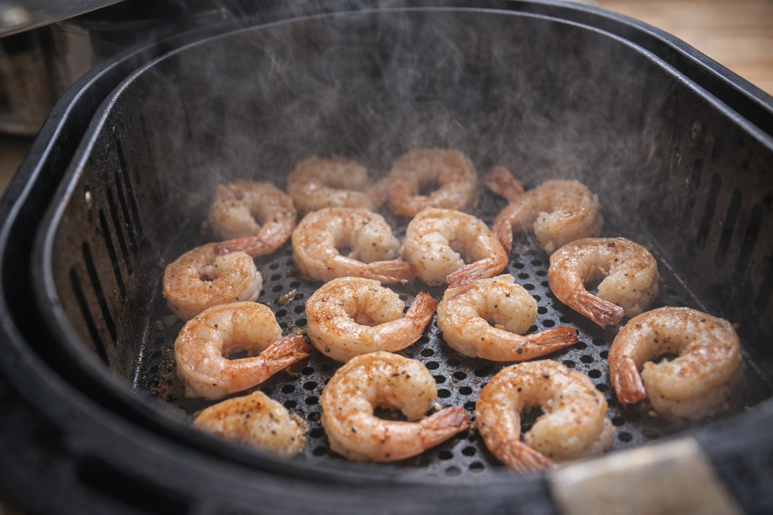 A close-up shot inside an air fryer basket, showcasing shrimp arranged in a single layer, starting to turn pink and slightly golden brown, with visible steam escaping